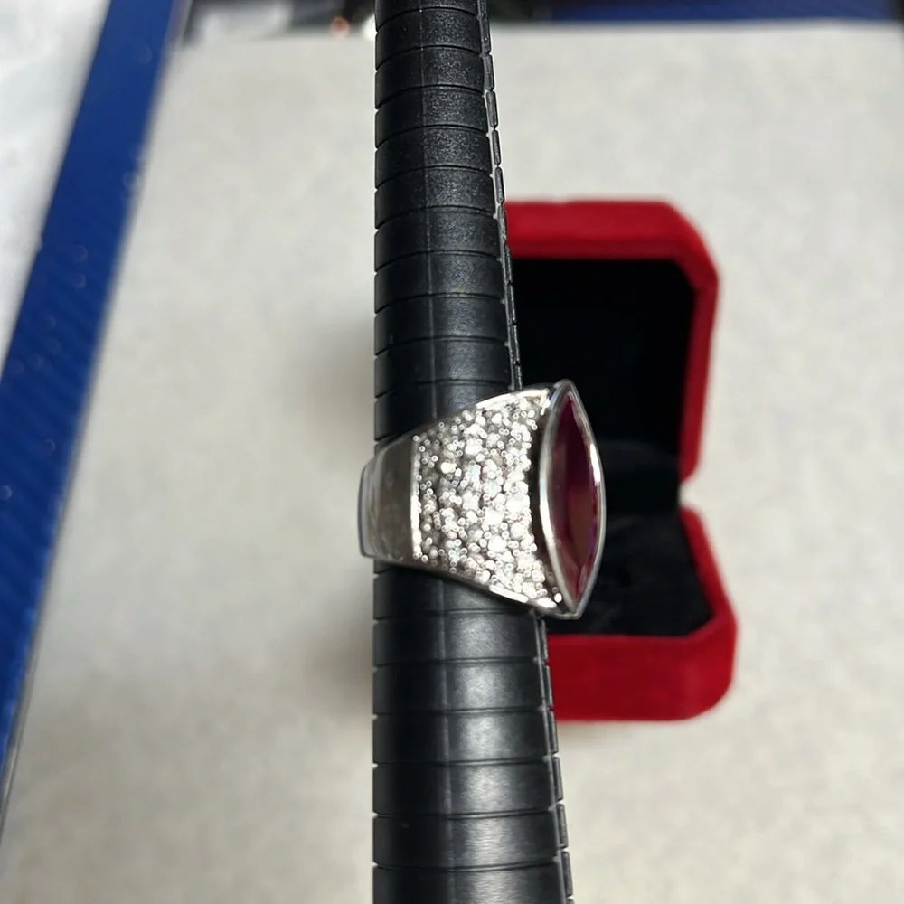 Silver Ring with Dark Pink Stone & Zirconia size 8
